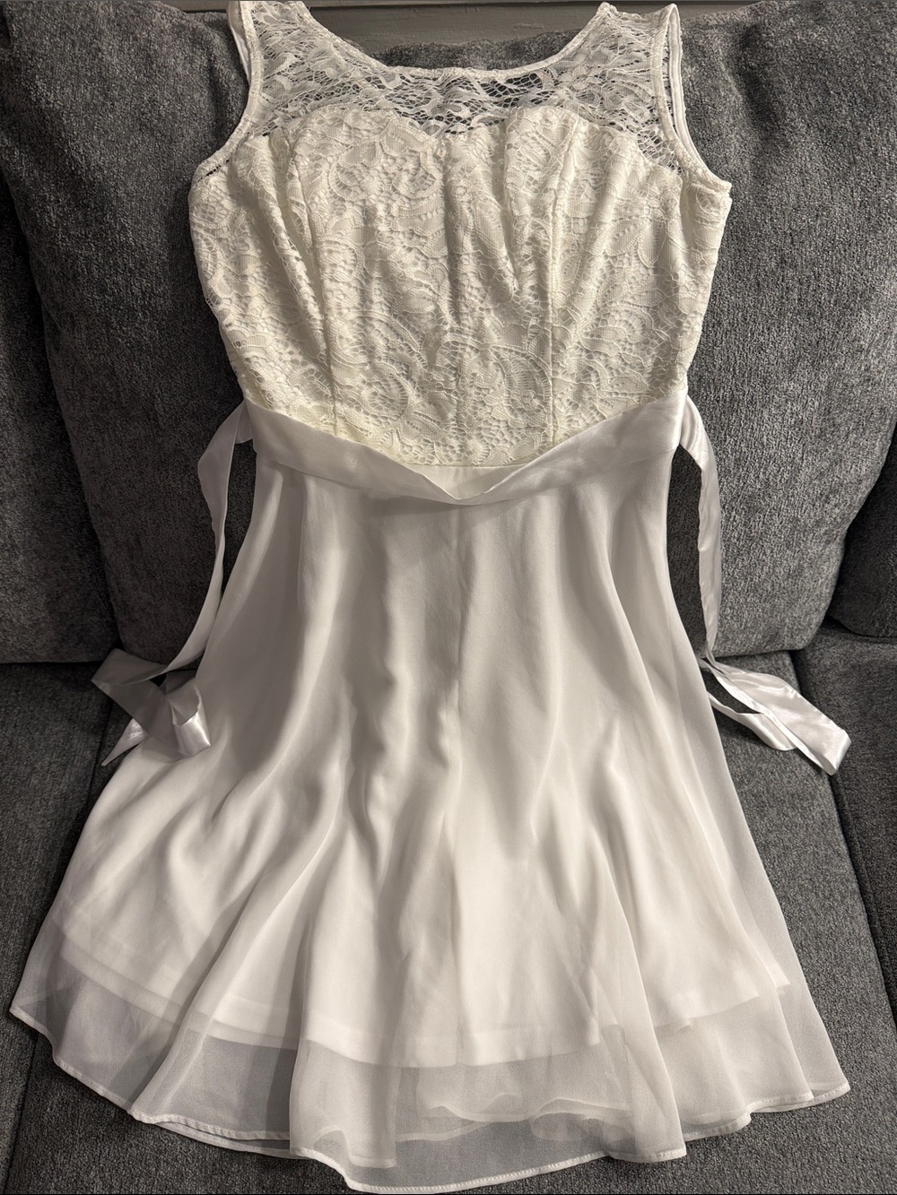 White Lace Bodice Mini Dress with Chiffon Skirt